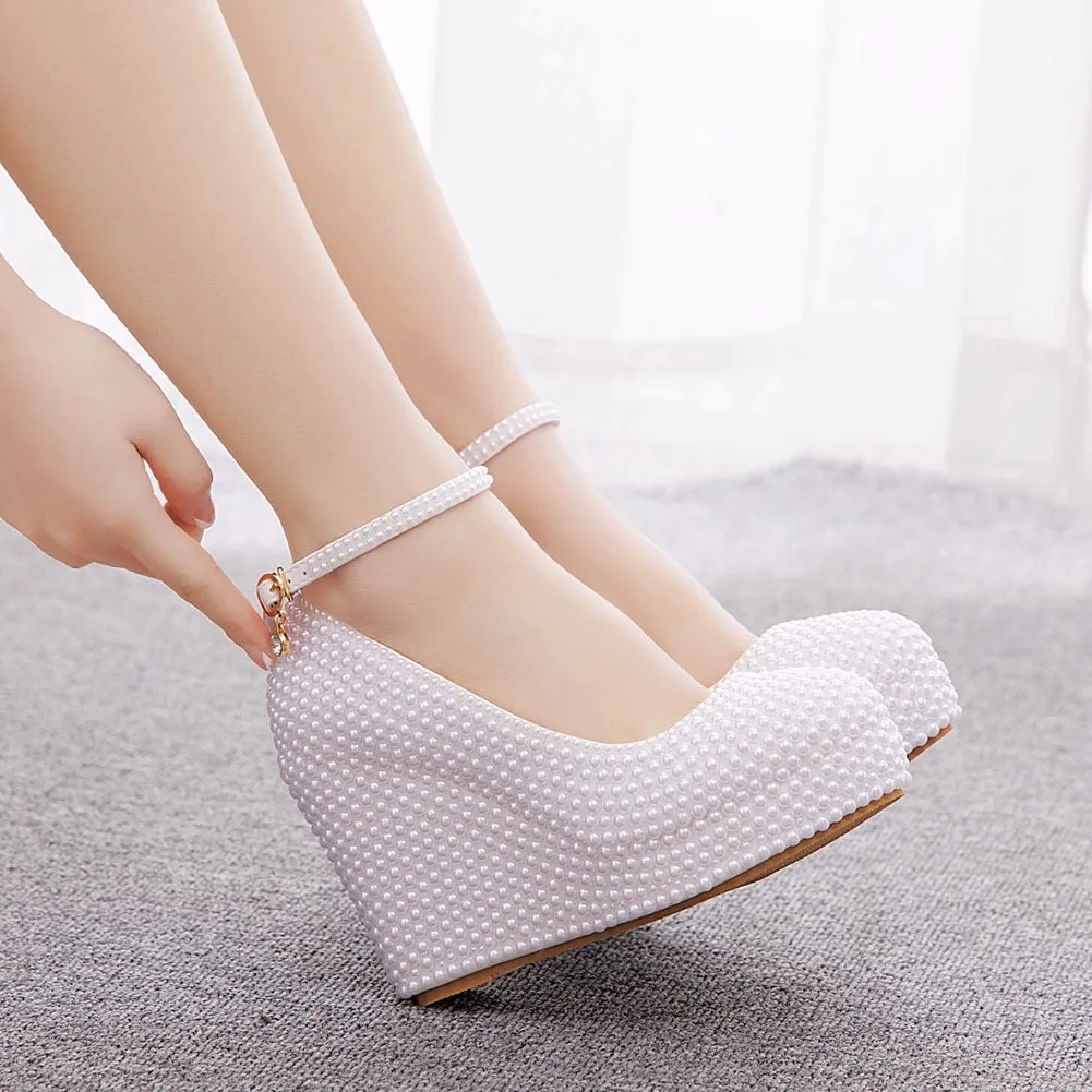 11cm Round Toe Wedge Pearl Wedding Shoes