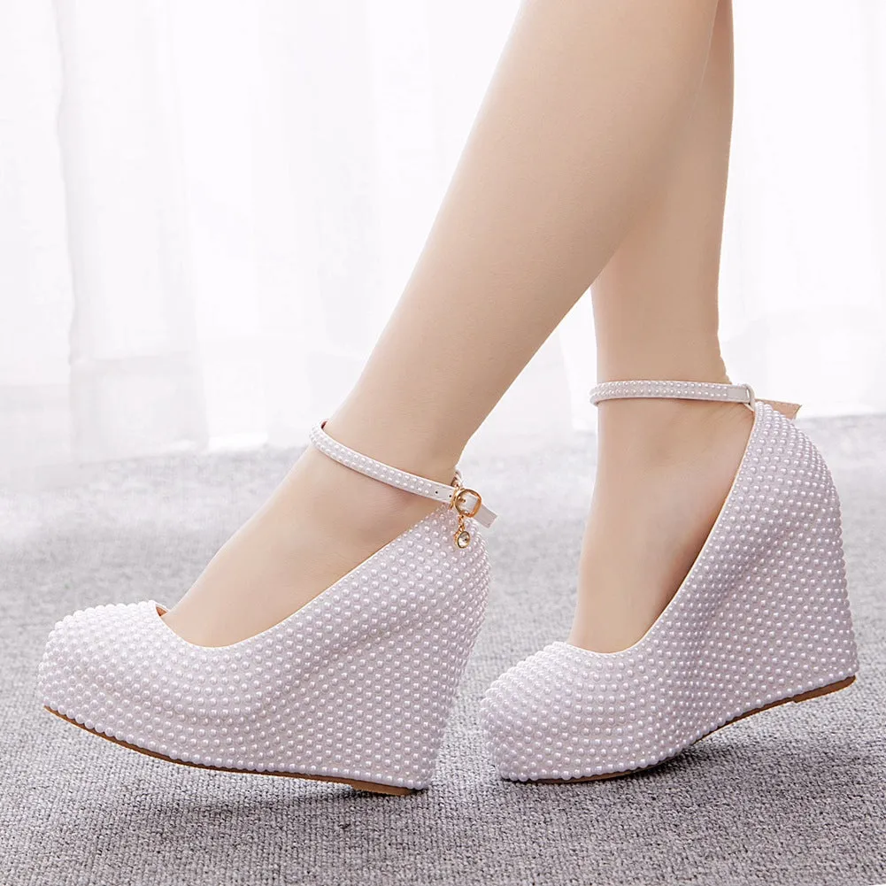 11cm Round Toe Wedge Pearl Wedding Shoes