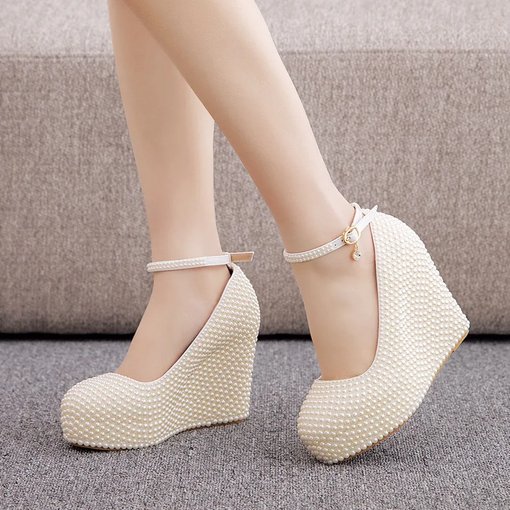 11cm Round Toe Wedge Pearl Wedding Shoes