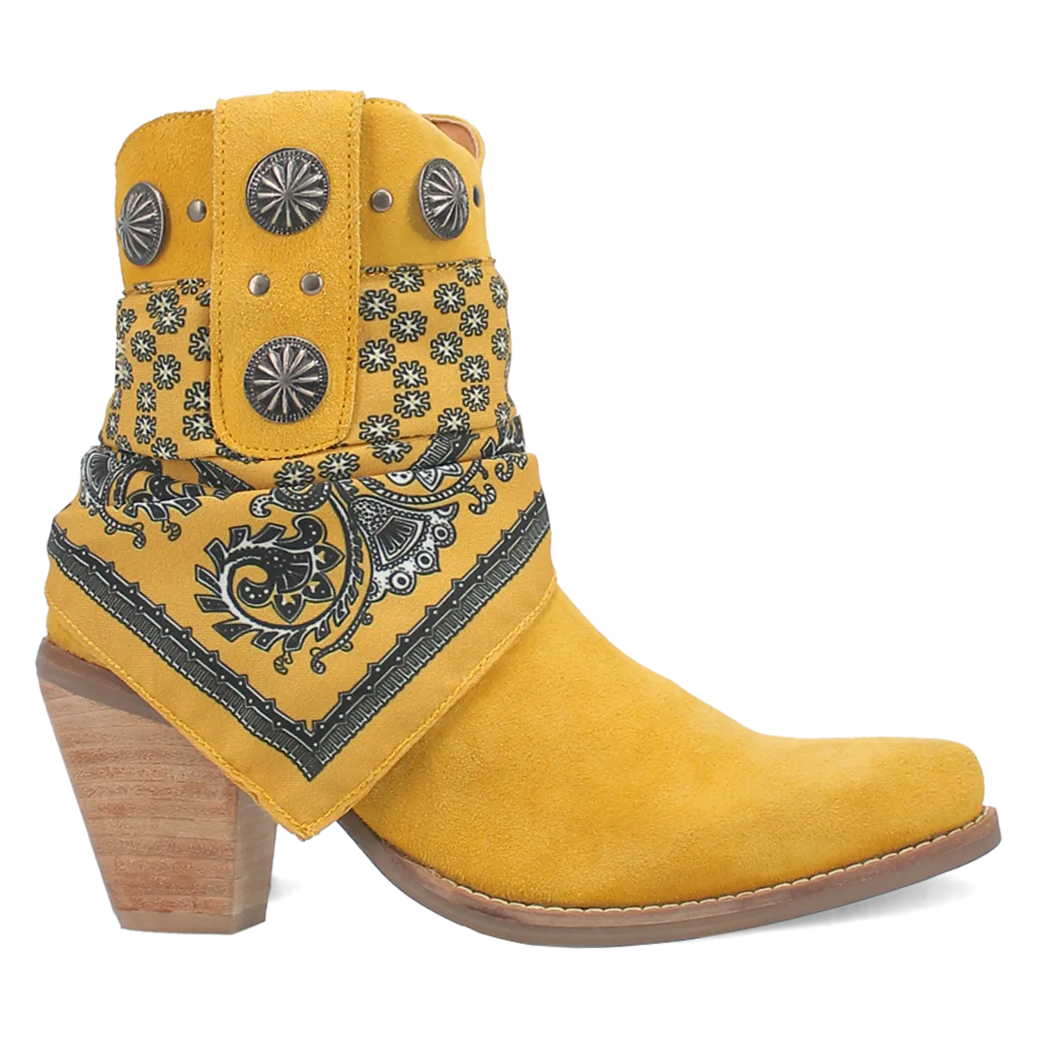 Bandida Yellow Suede Silver Concho Bandana Wrapped Booties (DS)