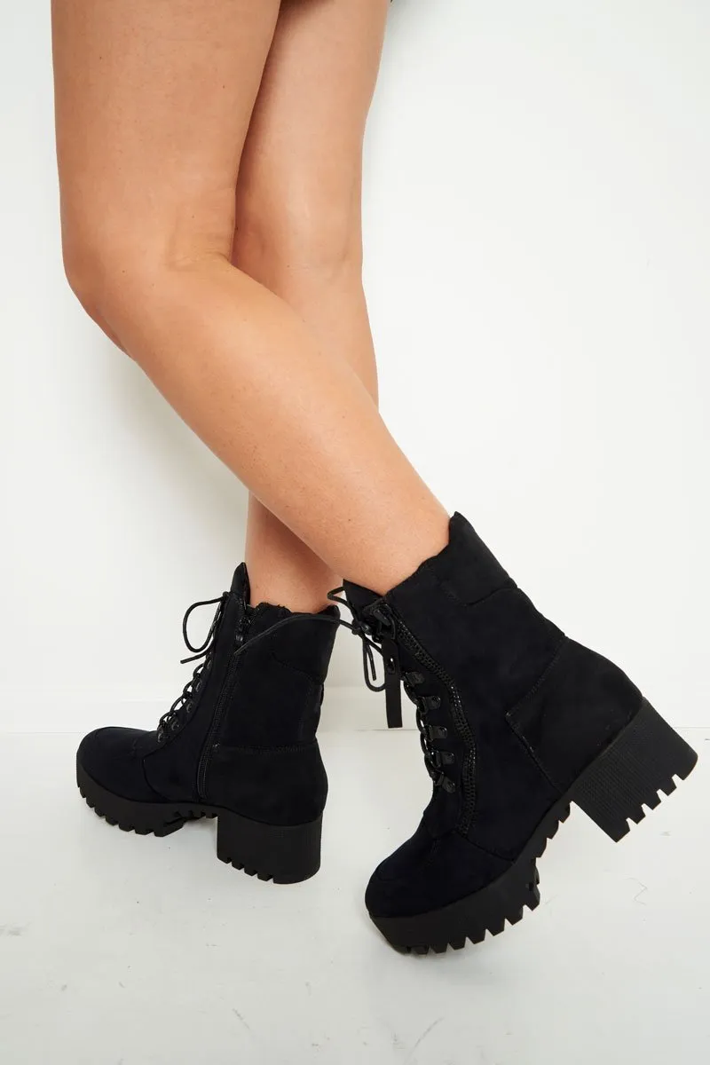 Black Faux Suede Lace Up Army Boots - Shadyn