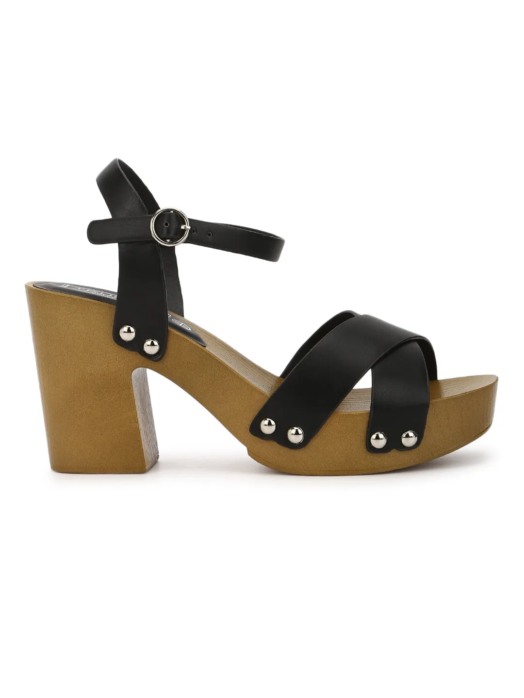 Black PU Crossover Ankle Strap Block Heels
