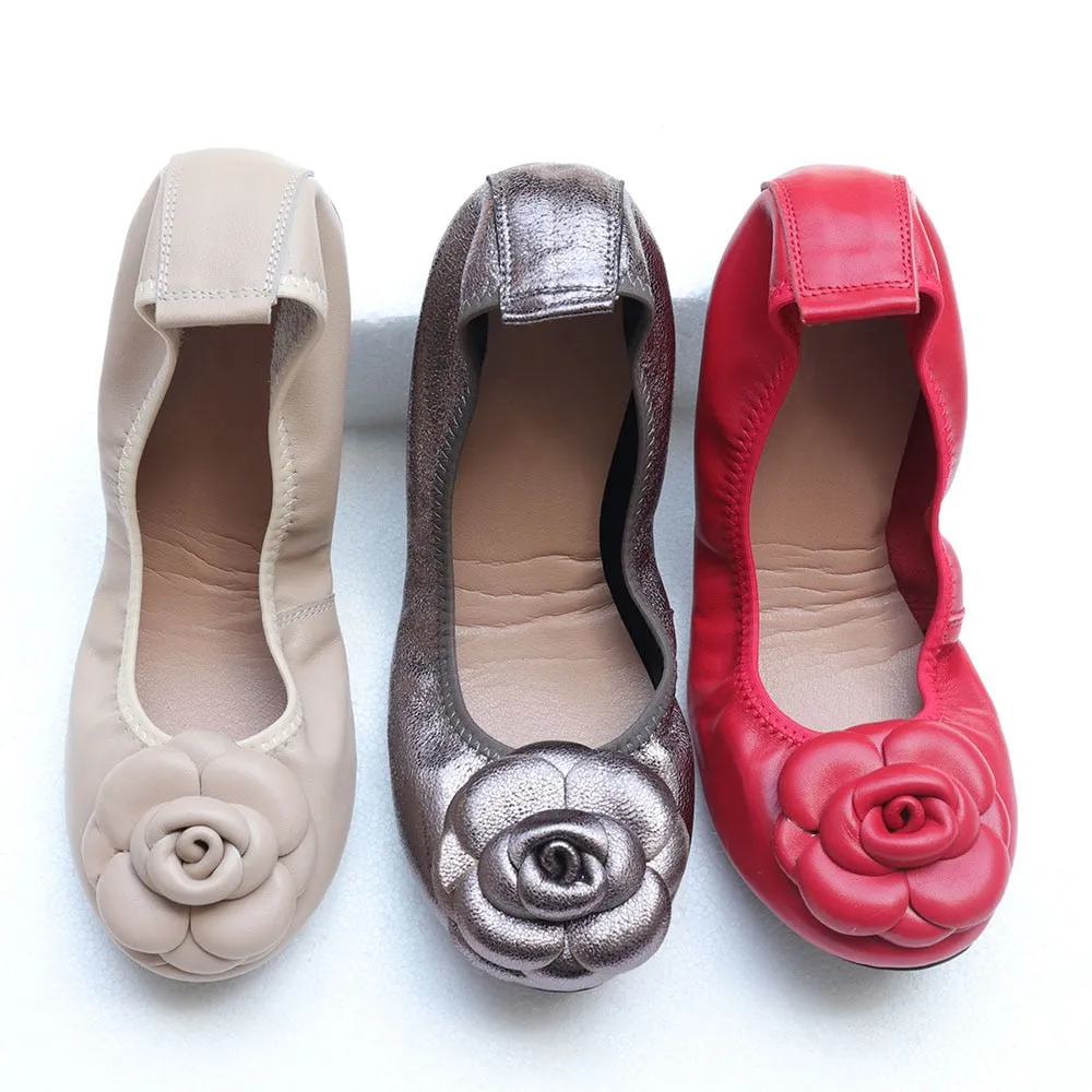 Camellia Genuine Leather Slip On Ballet Flats