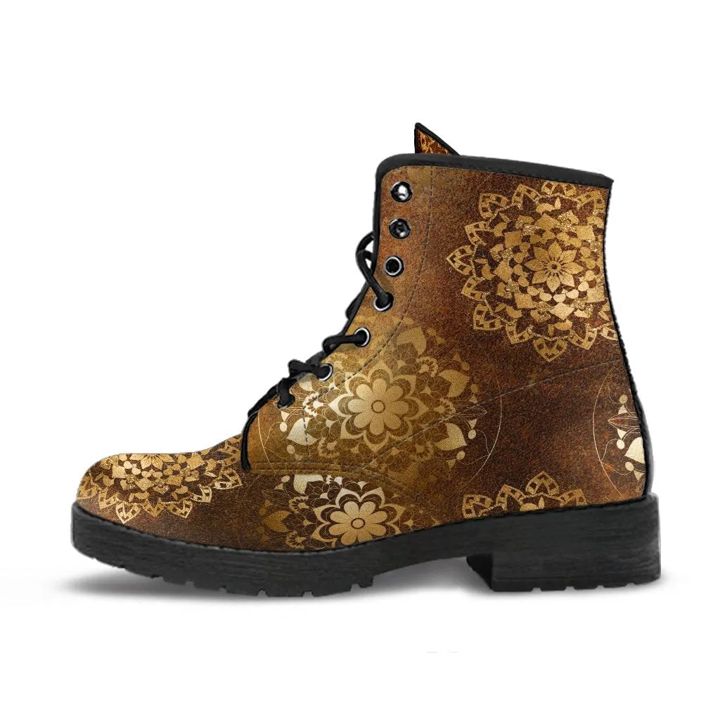 Combat Boots - Brown Mandala Boots | Brown Lace Up Boots Women, Cool Shoes, Vegan Shoes, 90s Boots