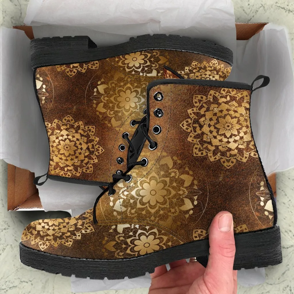 Combat Boots - Brown Mandala Boots | Brown Lace Up Boots Women, Cool Shoes, Vegan Shoes, 90s Boots