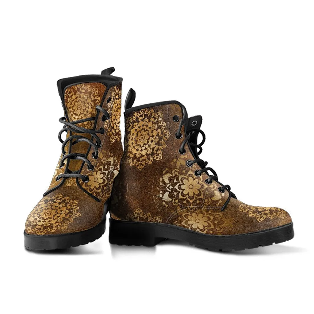 Combat Boots - Brown Mandala Boots | Brown Lace Up Boots Women, Cool Shoes, Vegan Shoes, 90s Boots