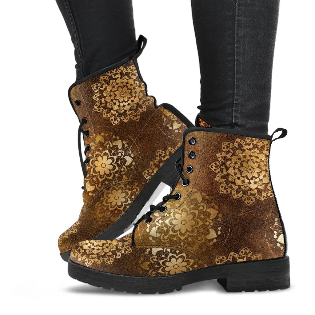Combat Boots - Brown Mandala Boots | Brown Lace Up Boots Women, Cool Shoes, Vegan Shoes, 90s Boots