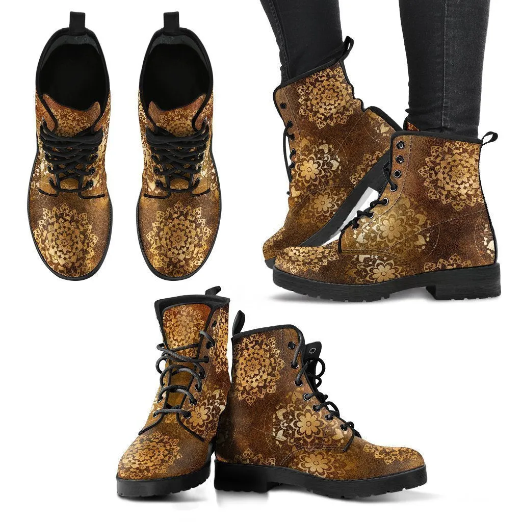 Combat Boots - Brown Mandala Boots | Brown Lace Up Boots Women, Cool Shoes, Vegan Shoes, 90s Boots