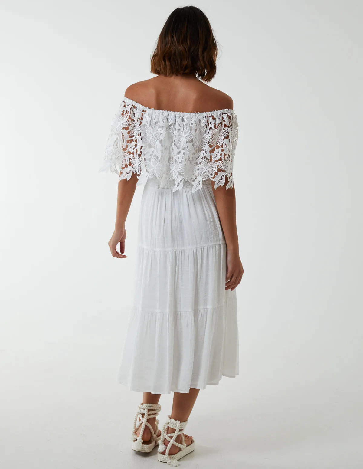 Crochet Lace Shirred Waist Midi Dress