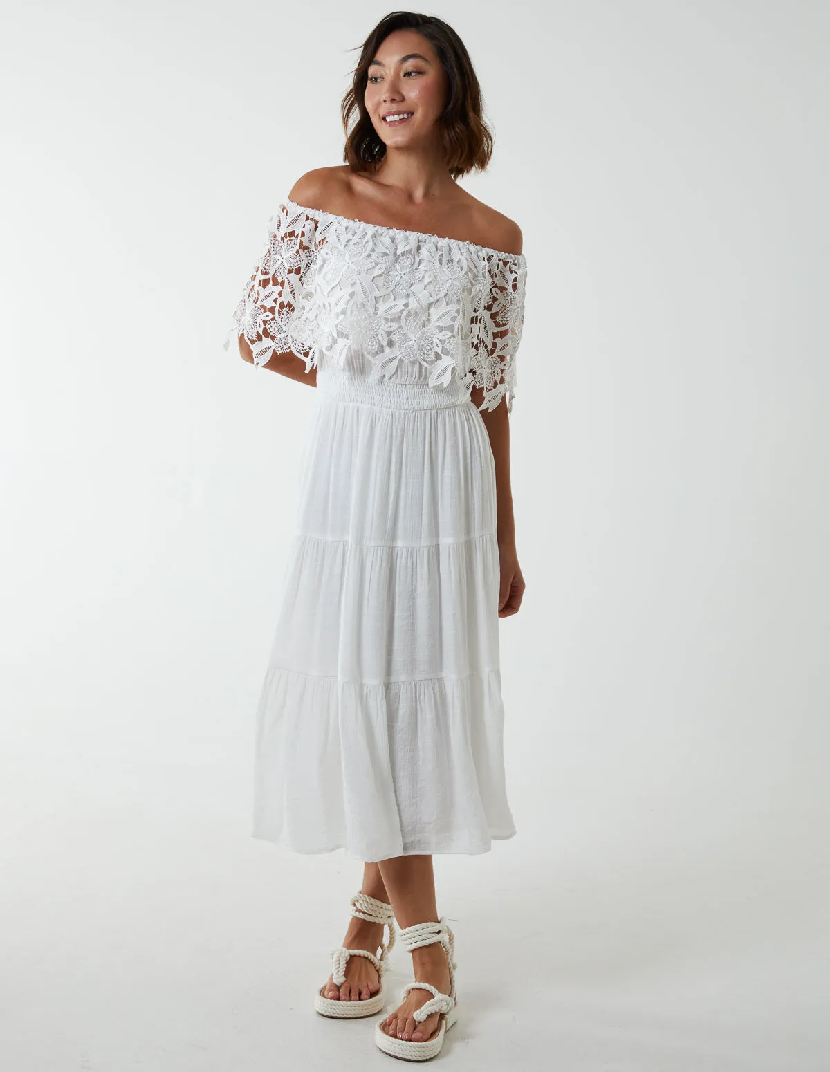 Crochet Lace Shirred Waist Midi Dress