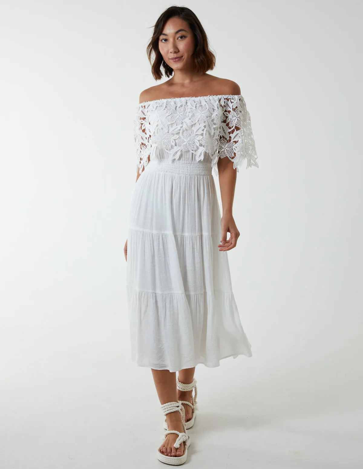 Crochet Lace Shirred Waist Midi Dress
