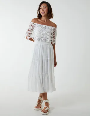 Crochet Lace Shirred Waist Midi Dress