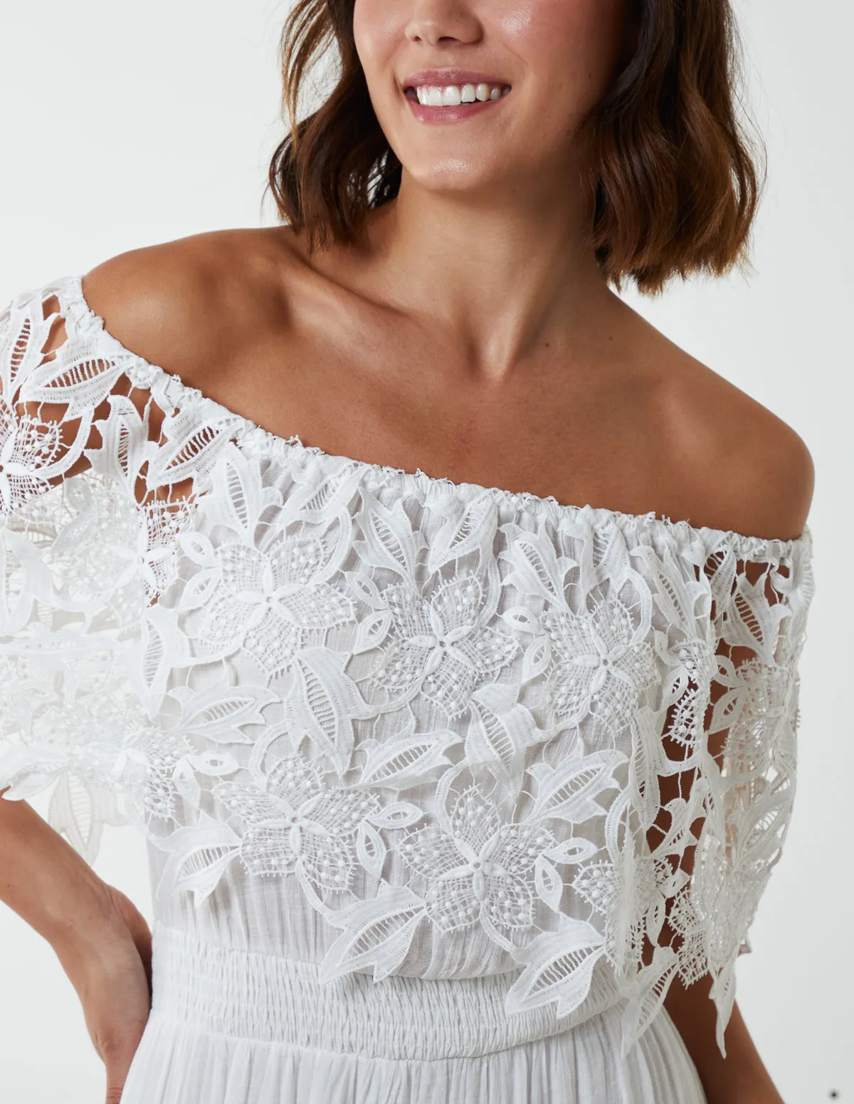 Crochet Lace Shirred Waist Midi Dress