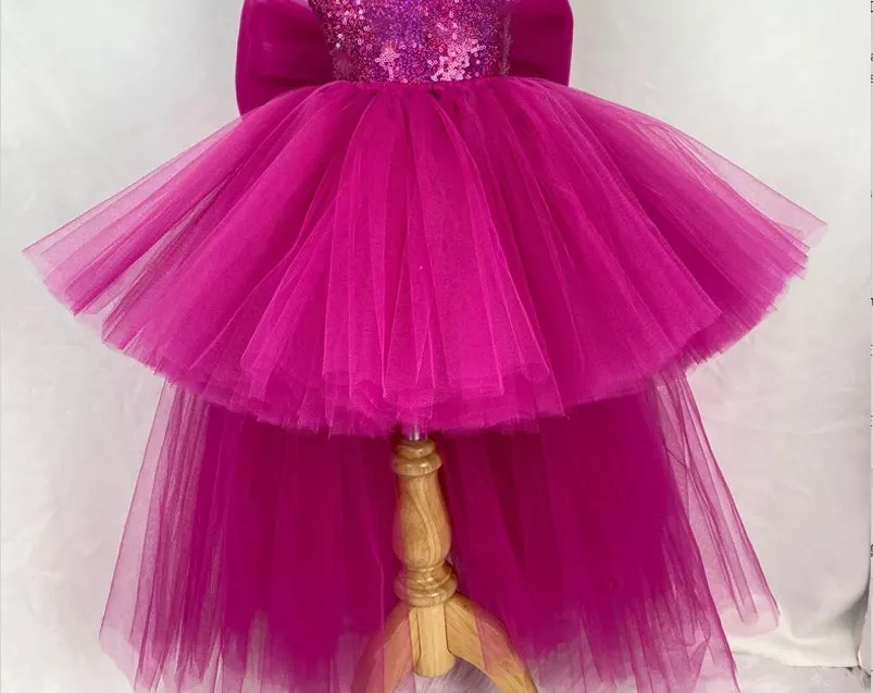 Cute trailing bow mesh baby's first birthday party girl princess dress