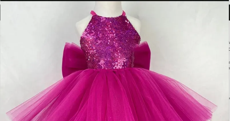Cute trailing bow mesh baby's first birthday party girl princess dress