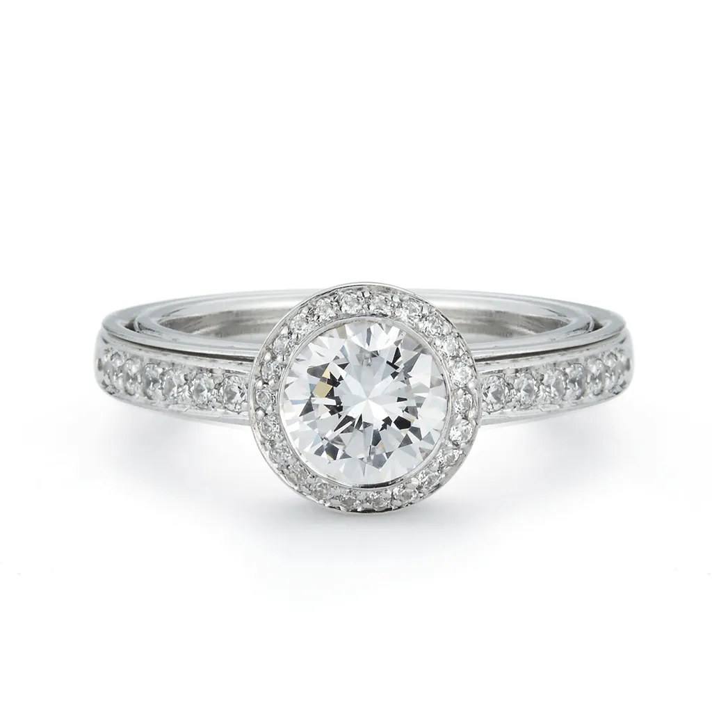 Entre Nous Round Diamond Engagement Ring with Diamond Halo and Band