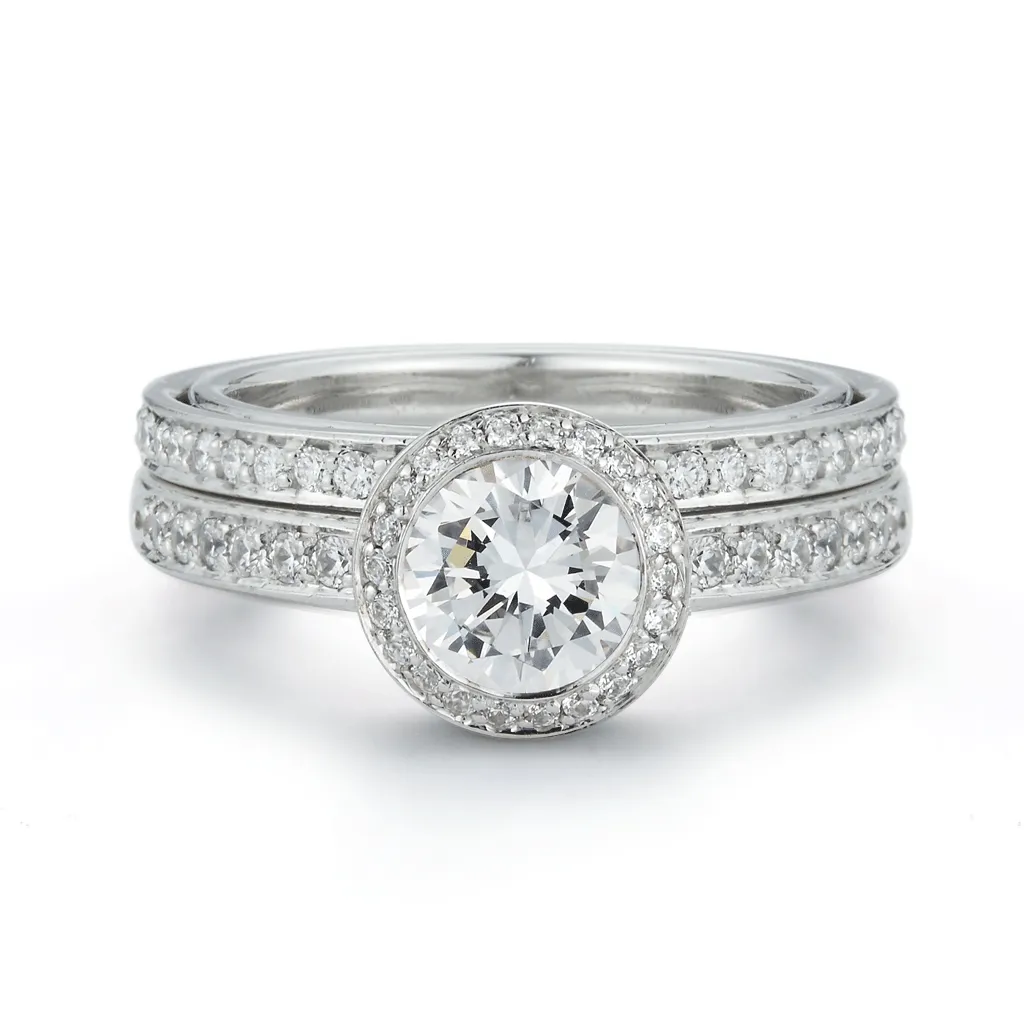 Entre Nous Round Diamond Engagement Ring with Diamond Halo and Band
