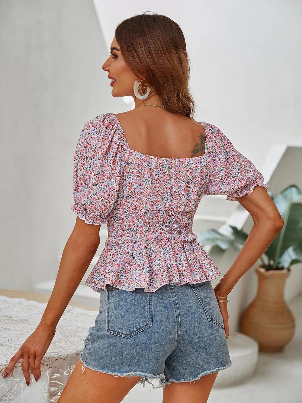 Floral Shirred Waist Peplum Top