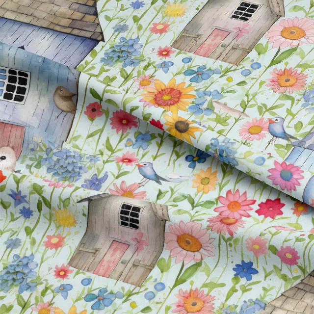 Folk House Cotton Curtain Fabric - Duck Egg