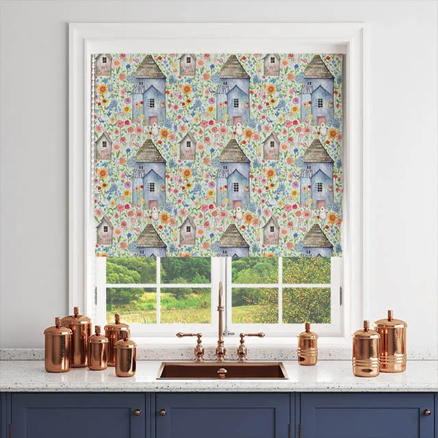 Folk House Cotton Curtain Fabric - Duck Egg