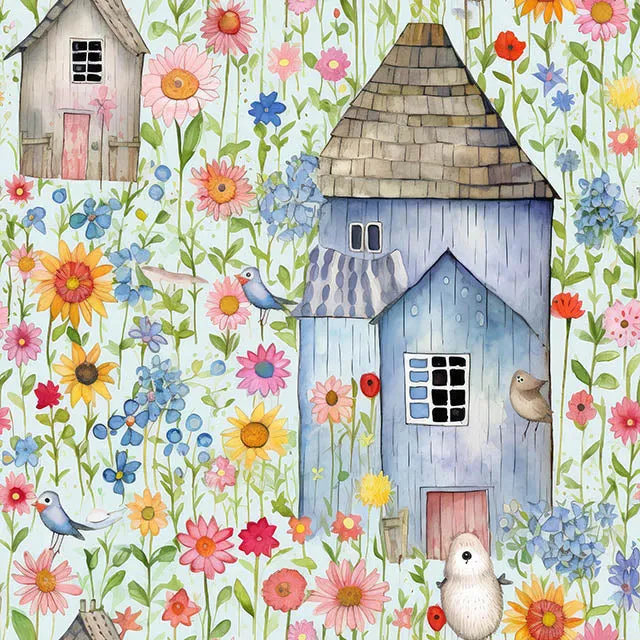 Folk House Cotton Curtain Fabric - Duck Egg