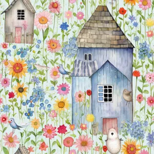 Folk House Cotton Curtain Fabric - Duck Egg