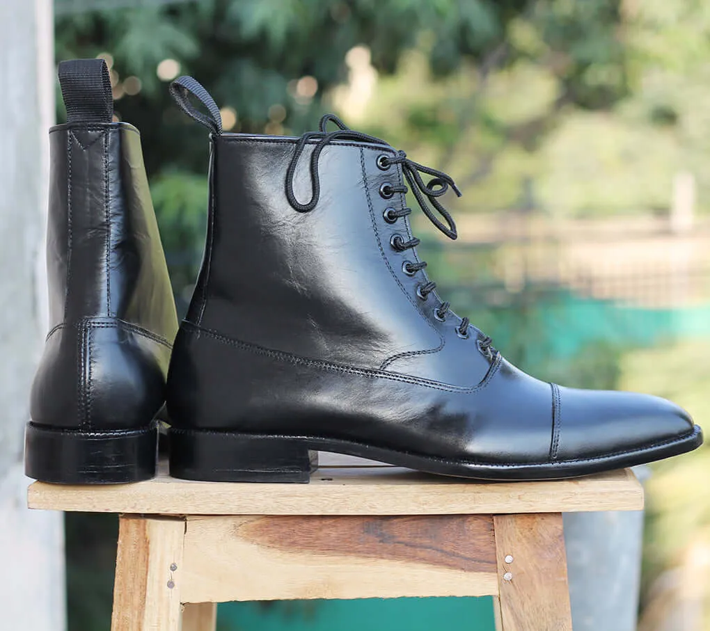 Handmade Men's Ankle High Cap Toe Leather Dress boots, Men Black Lace up Boots