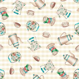 IVORY TEAPOTS & TEACUPS - Rural Fantasy by Elizabeth Medley for Blank Quilting,100% Cotton, Toad Hollow Fabrics