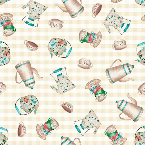 IVORY TEAPOTS & TEACUPS - Rural Fantasy by Elizabeth Medley for Blank Quilting,100% Cotton, Toad Hollow Fabrics
