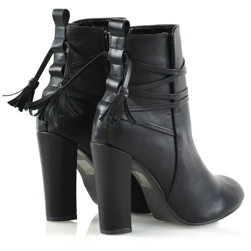 Jamie Tie up Tassel Detail Block High Heel Boots in Black Synthetic Leather