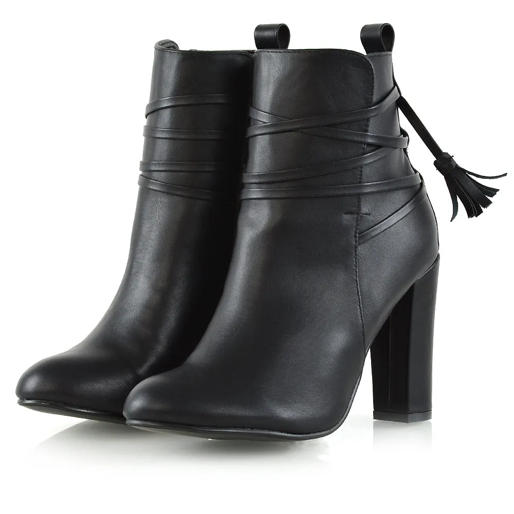 Jamie Tie up Tassel Detail Block High Heel Boots in Black Synthetic Leather