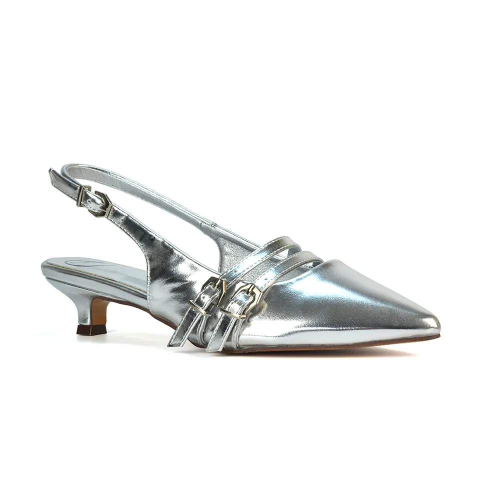Kaden Kitten Heel Slingback Pointed Toe Buckle Strappy Court Heels in Black Patent