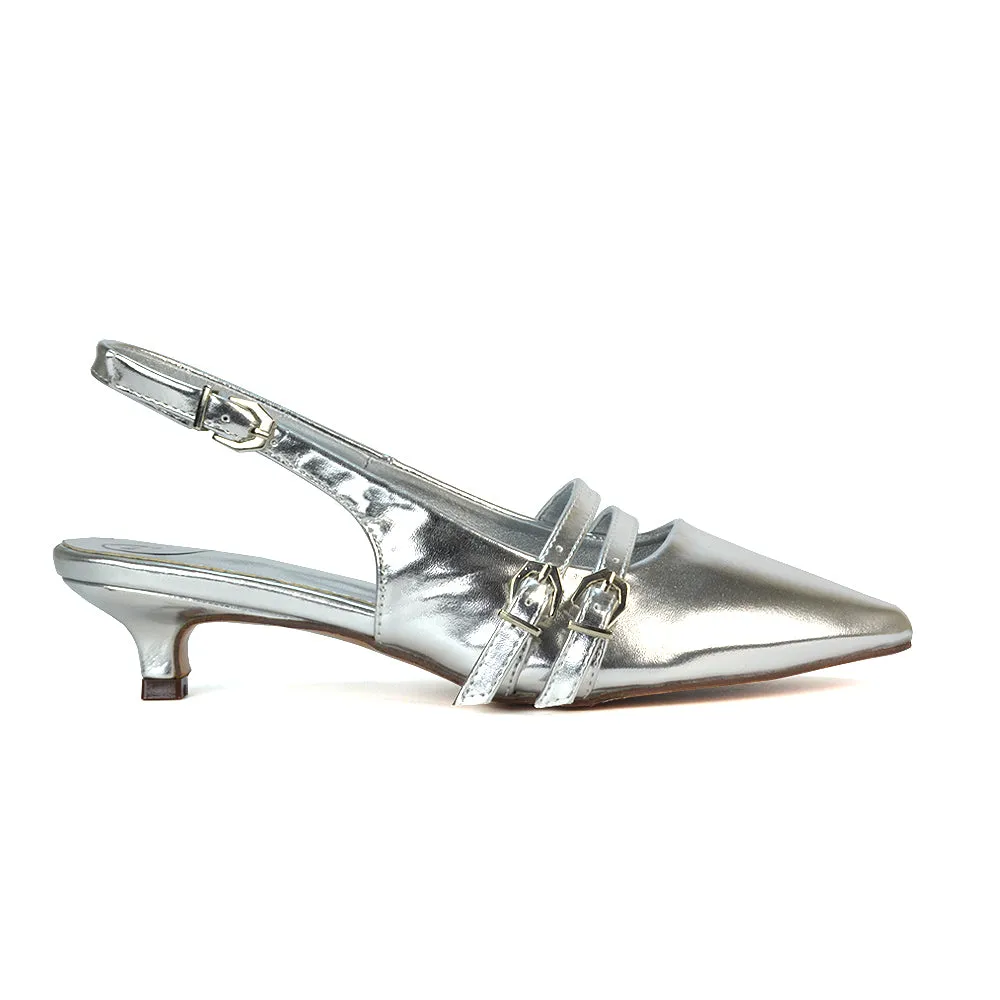 Kaden Kitten Heel Slingback Pointed Toe Buckle Strappy Court Heels in Black Patent