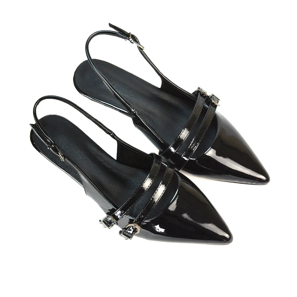 Kaden Kitten Heel Slingback Pointed Toe Buckle Strappy Court Heels in Black Patent
