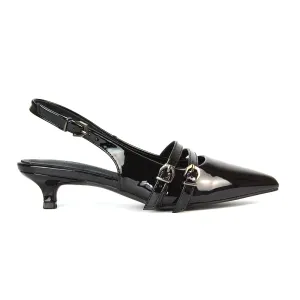 Kaden Kitten Heel Slingback Pointed Toe Buckle Strappy Court Heels in Black Patent