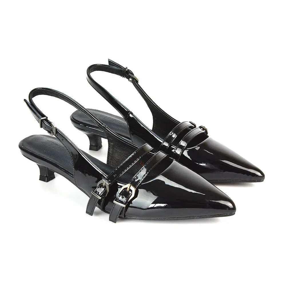 Kaden Kitten Heel Slingback Pointed Toe Buckle Strappy Court Heels in Black Patent