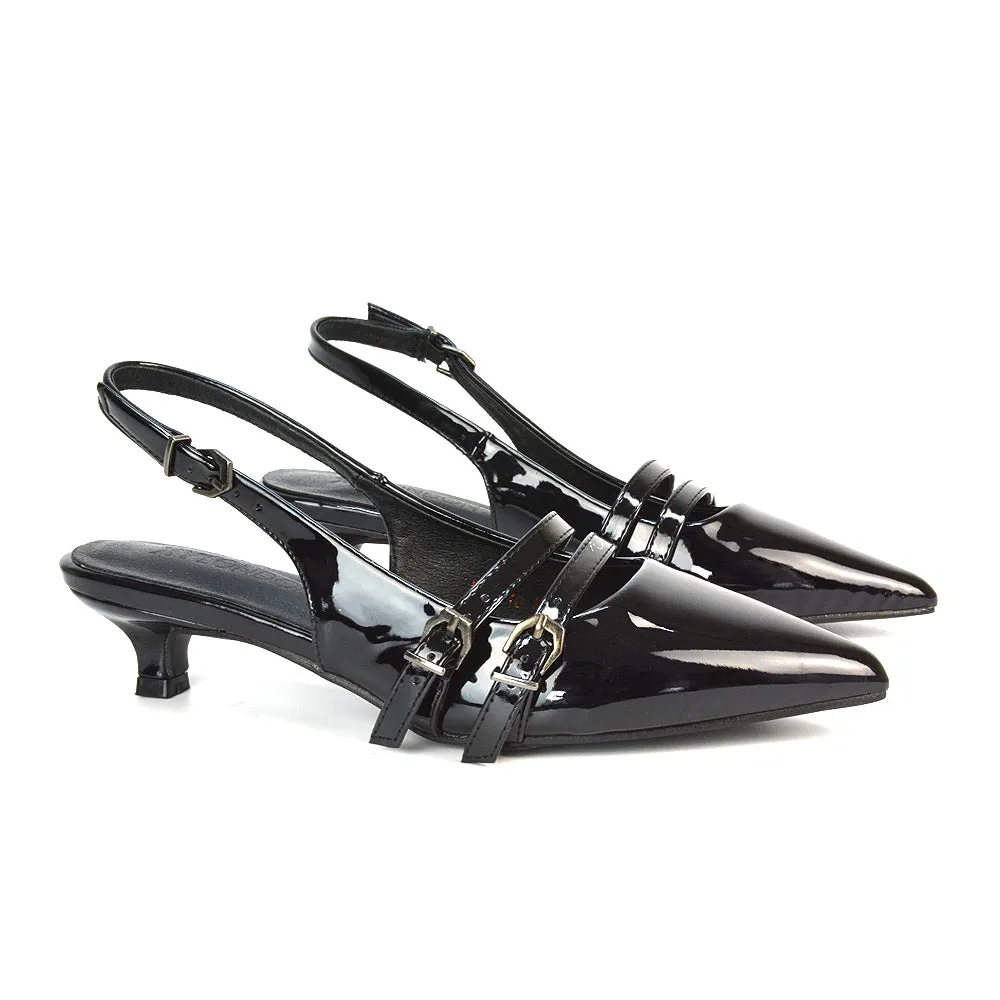 Kaden Kitten Heel Slingback Pointed Toe Buckle Strappy Court Heels in Black Patent