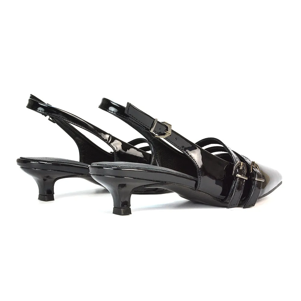 Kaden Kitten Heel Slingback Pointed Toe Buckle Strappy Court Heels in Black Patent
