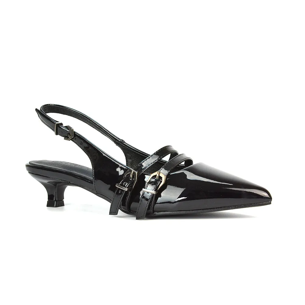 Kaden Kitten Heel Slingback Pointed Toe Buckle Strappy Court Heels in Black Patent
