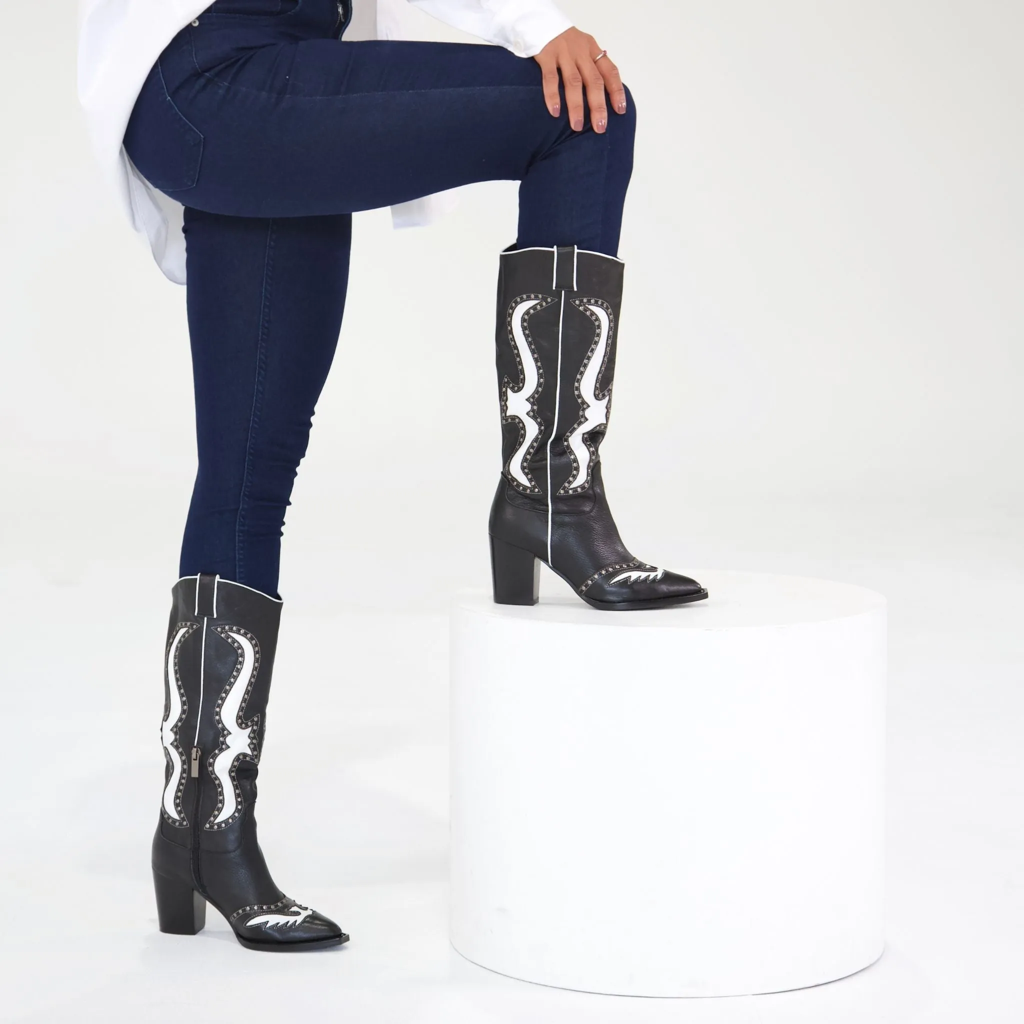 Lurva Black/White Leather Knee High Boots