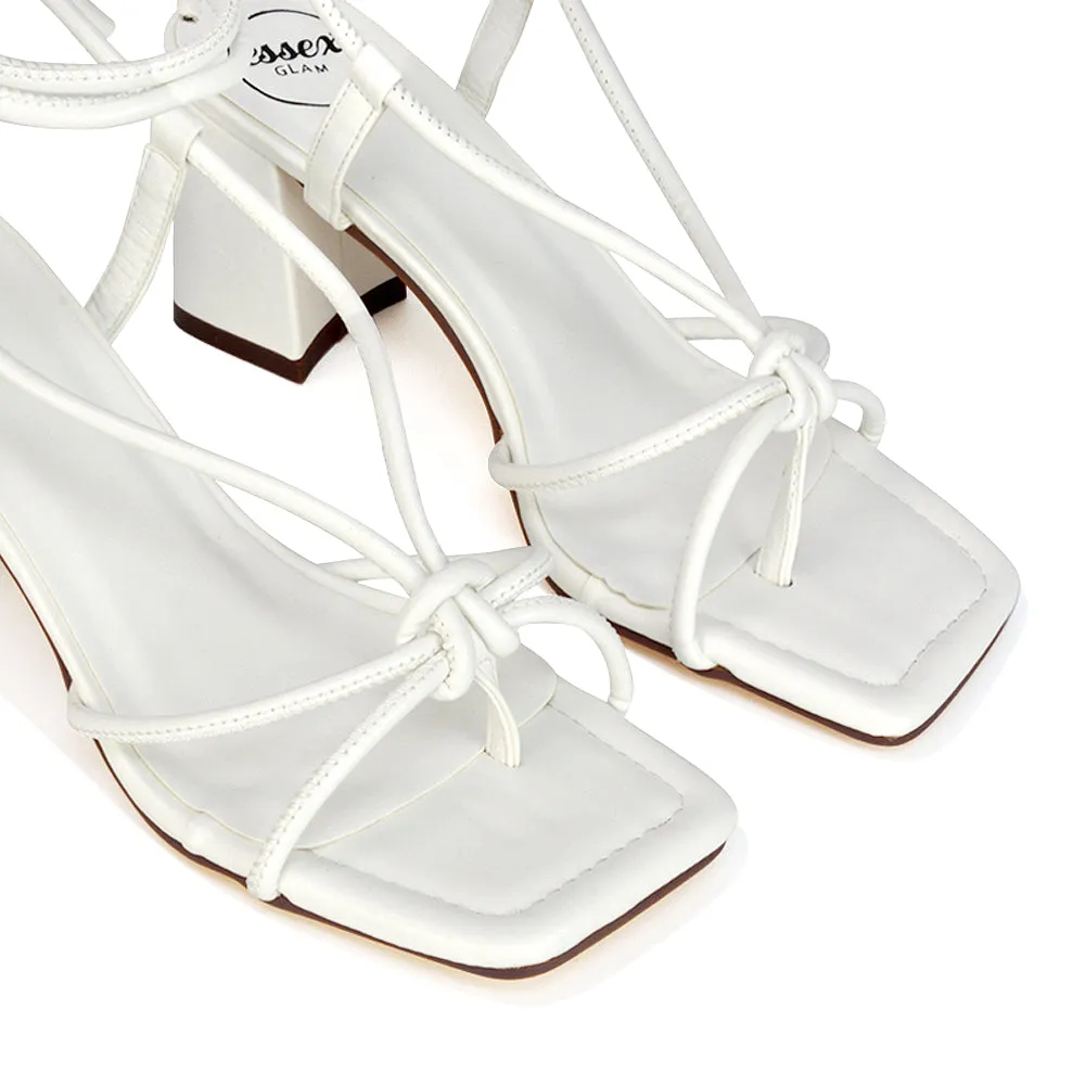 Mackenzie Square Toe Post Lace up Mid Block High Heel Sandals in Gold