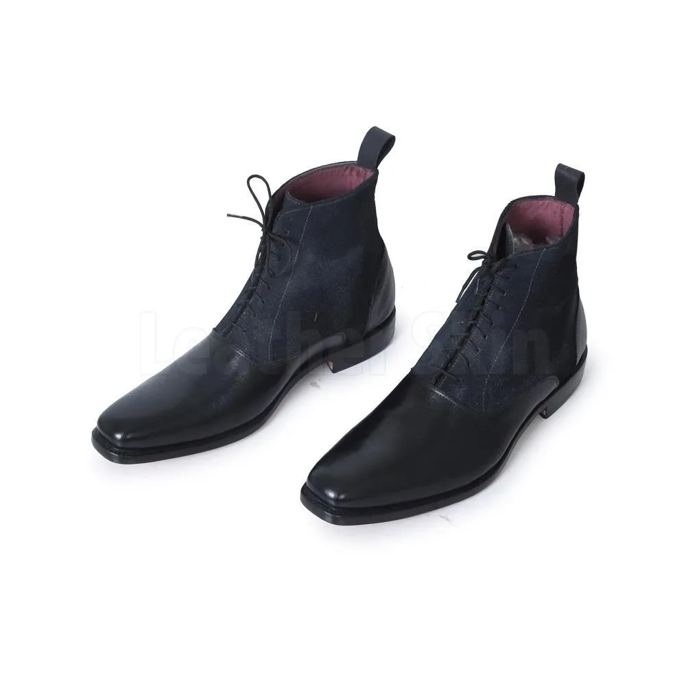Men Black Lace Up Suede & Genuine Leather Boots
