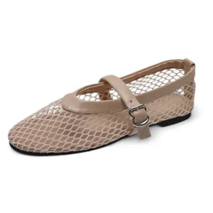 OCW Woman Shoes Comfortable Round Toe Buckles Cut-out Mary Jane Shoes Mesh Ballet Flats