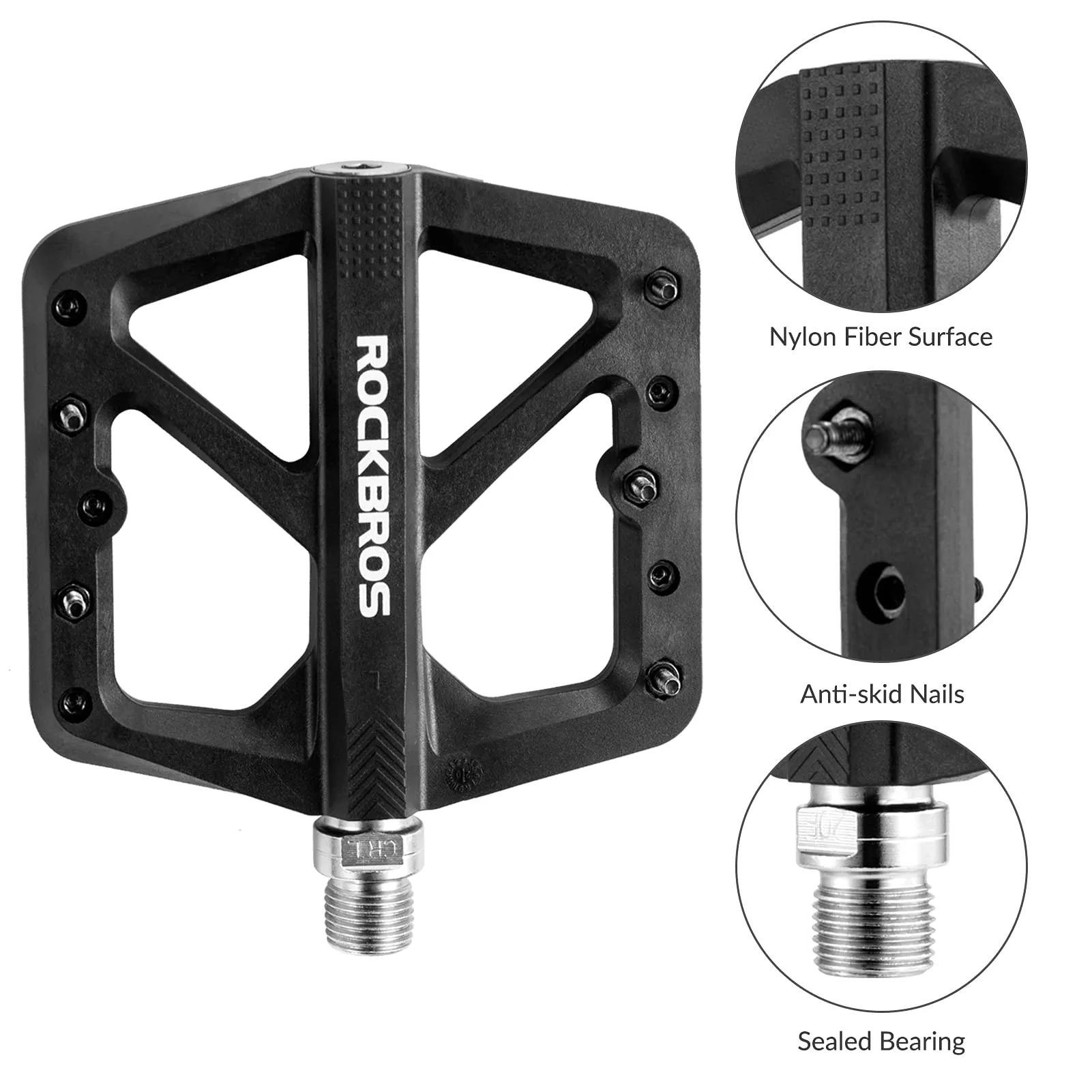 ROCKBROS Bike Pedals Nylon Fiber 9/16 Cycling Wide Platform Flat