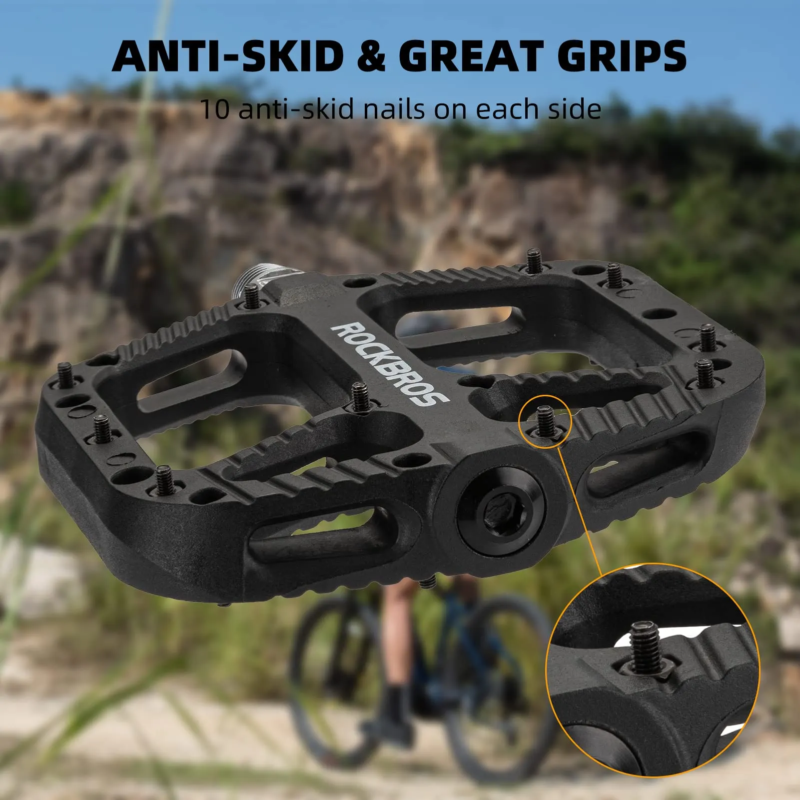 ROCKBROS Bike Pedals Nylon Fiber 9/16 Cycling Wide Platform Flat