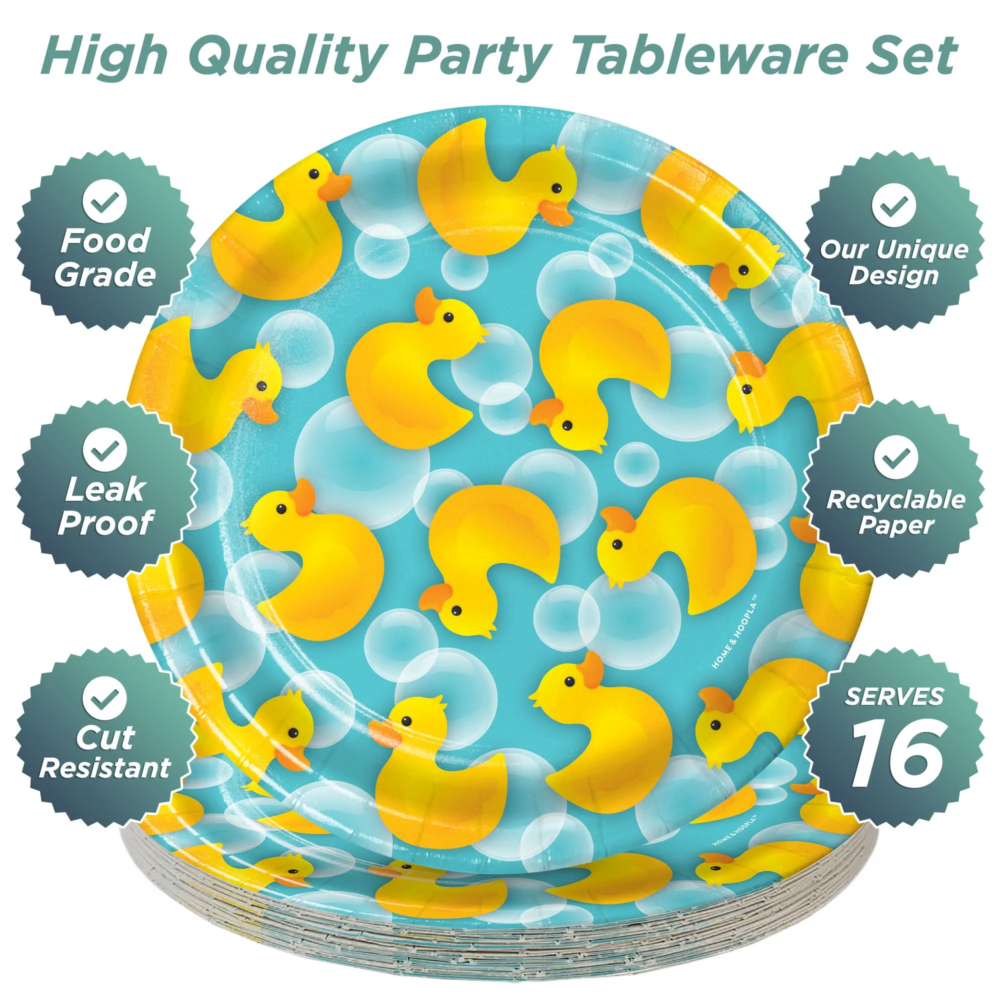 Rubber Duck Party Supplies - Ducky Bubble Bath Round Paper Dessert Plates for 16 Guests