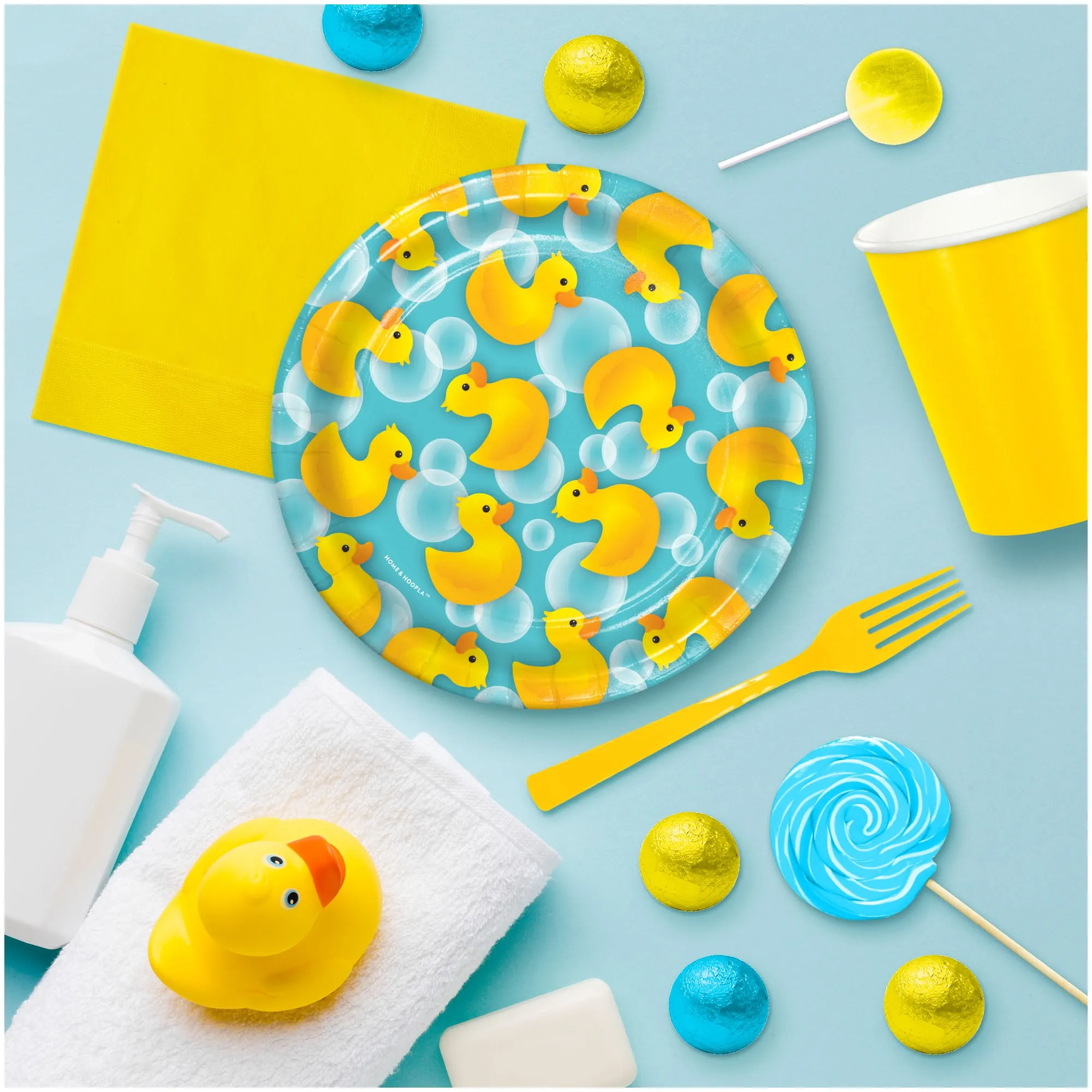 Rubber Duck Party Supplies - Ducky Bubble Bath Round Paper Dessert Plates for 16 Guests