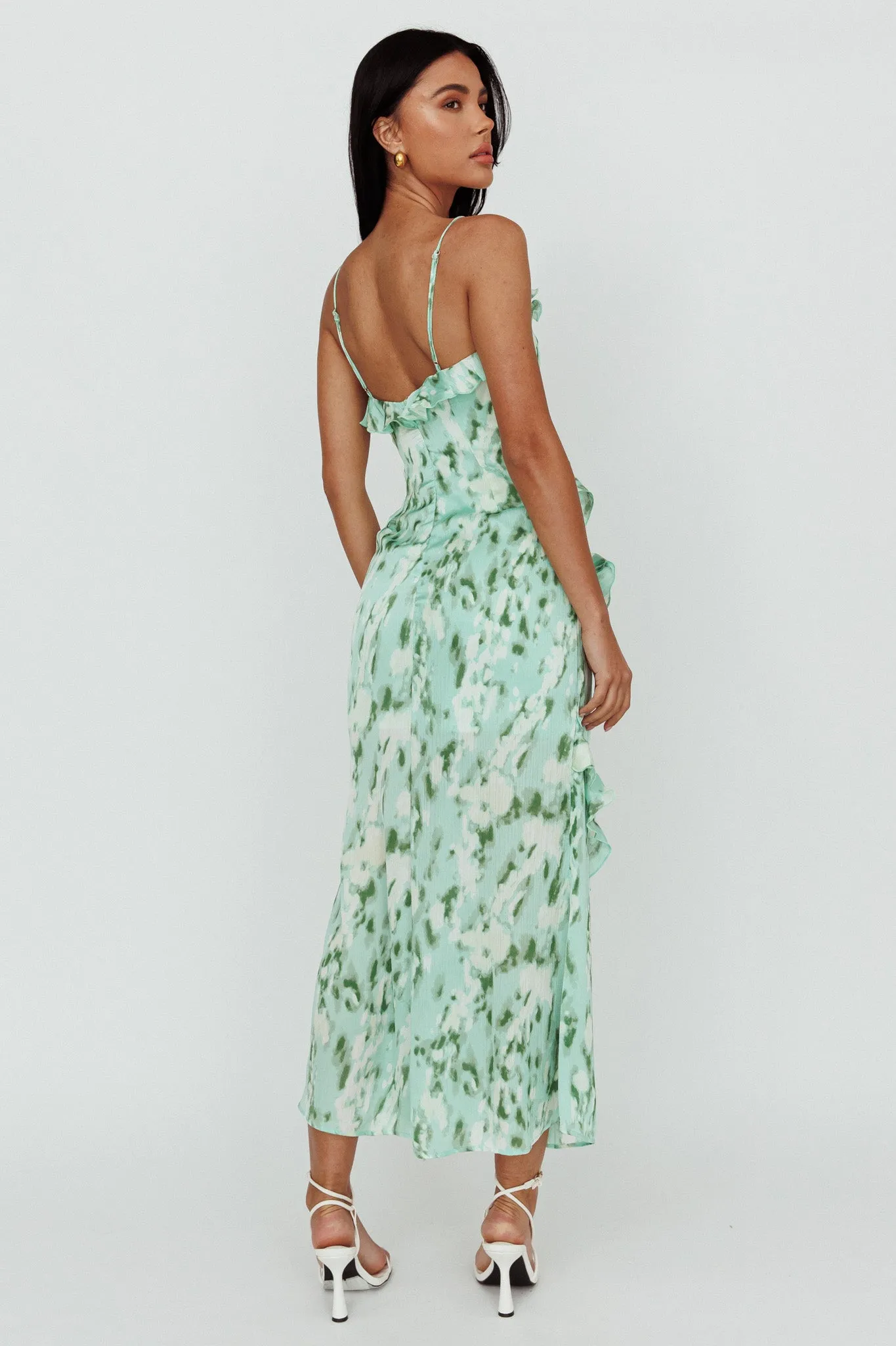 Silvana Frill Trim Midi Dress Print Green