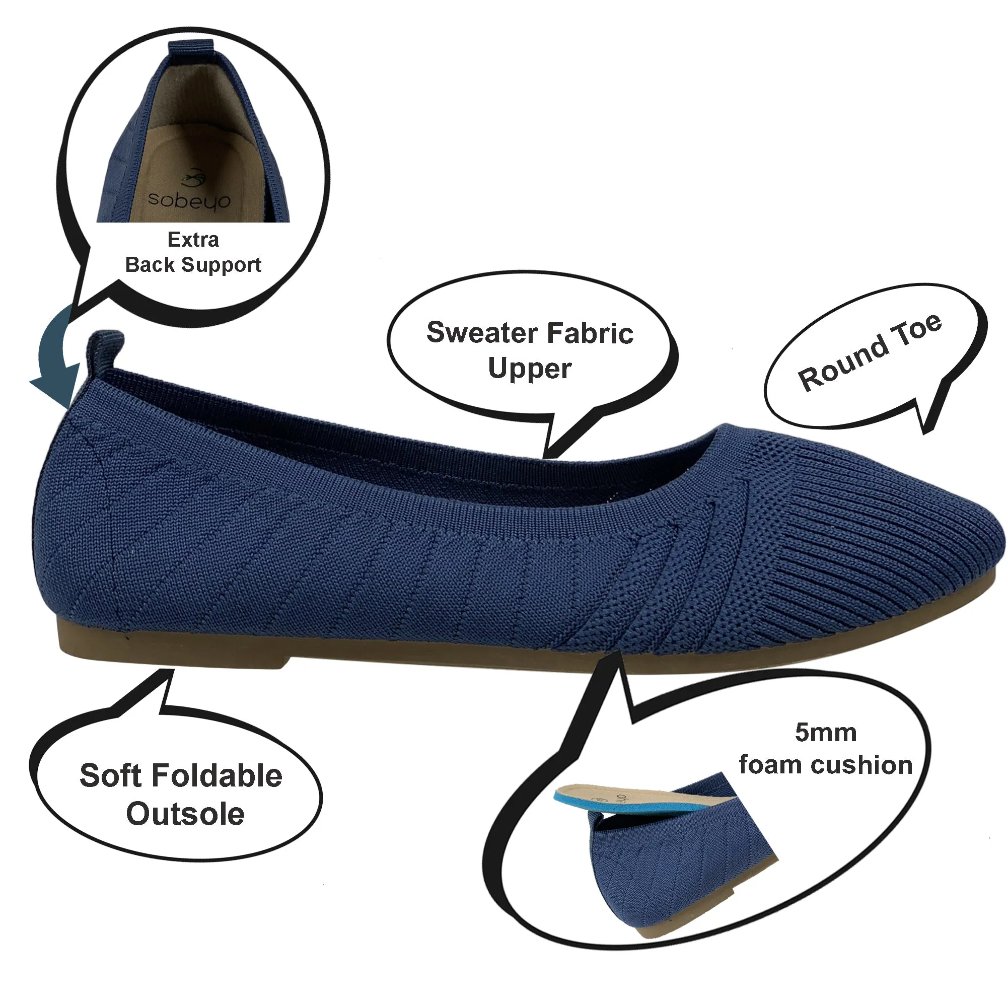 SOBEYO Sweater Round Toe Ballet Flats Soft Foldable Sole Blue