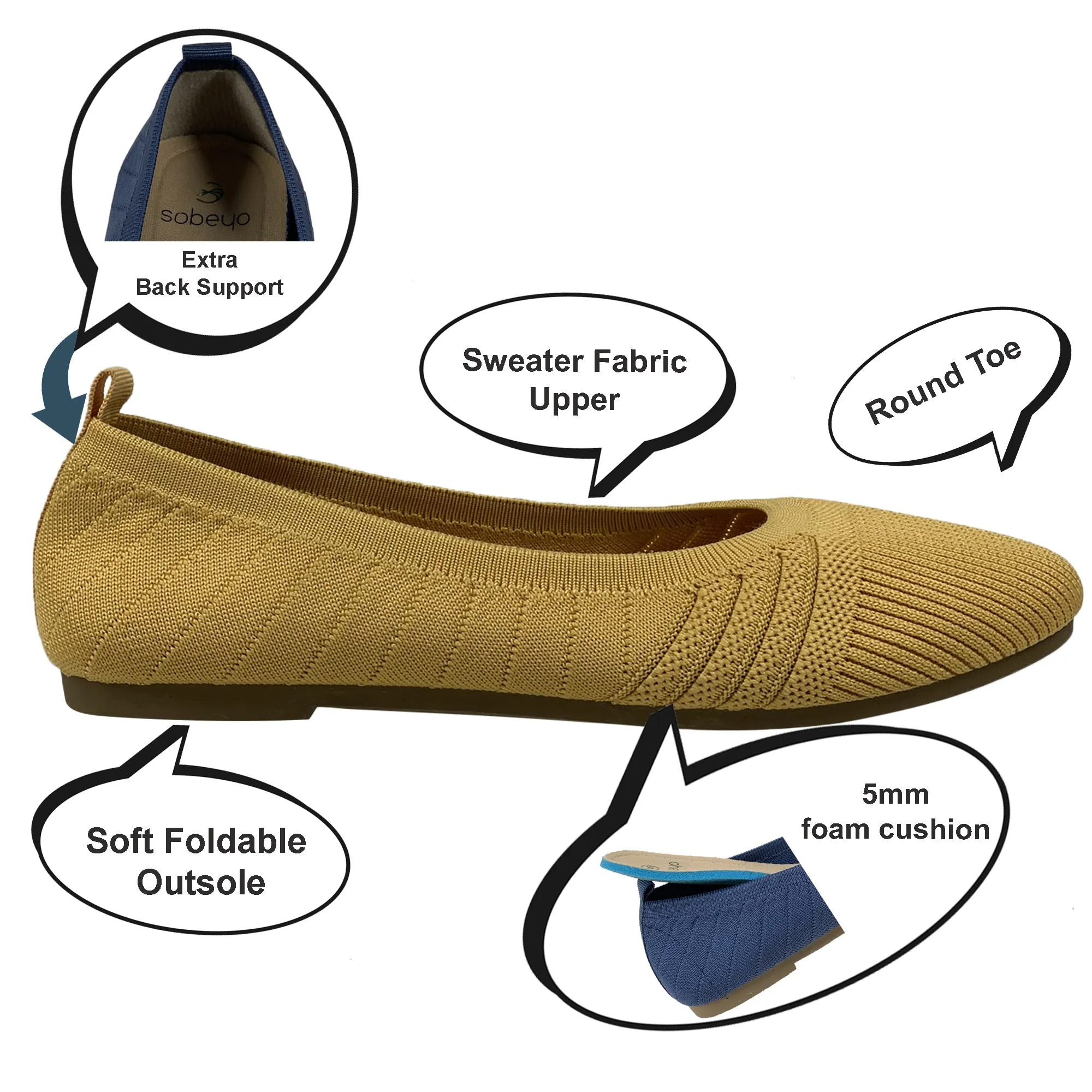 SOBEYO Sweater Round Toe Ballet Flats Soft Foldable Sole Yellow